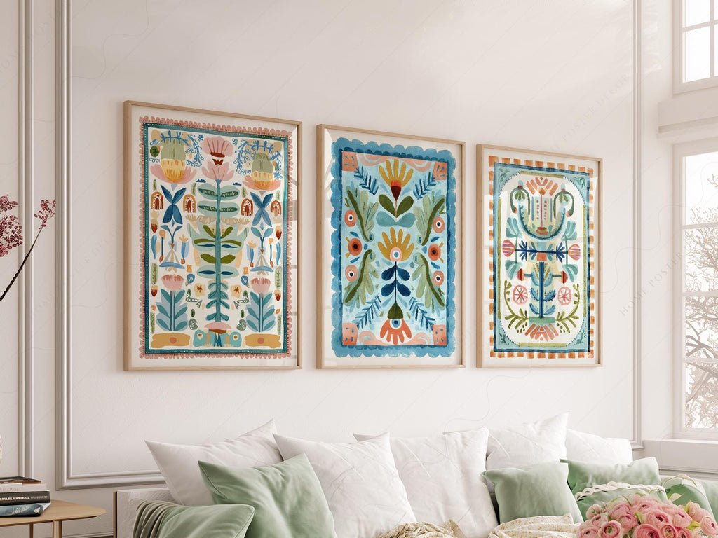 Boho Floral Tapestry Art Print Set of 3 – Maximalist Folk Wall Decor