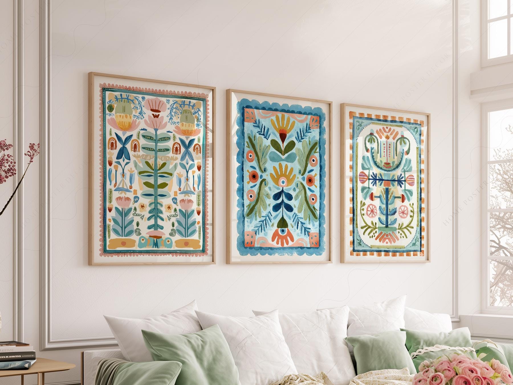 Boho Floral Tapestry Art Print Set of 3 – Maximalist Folk Wall Decor