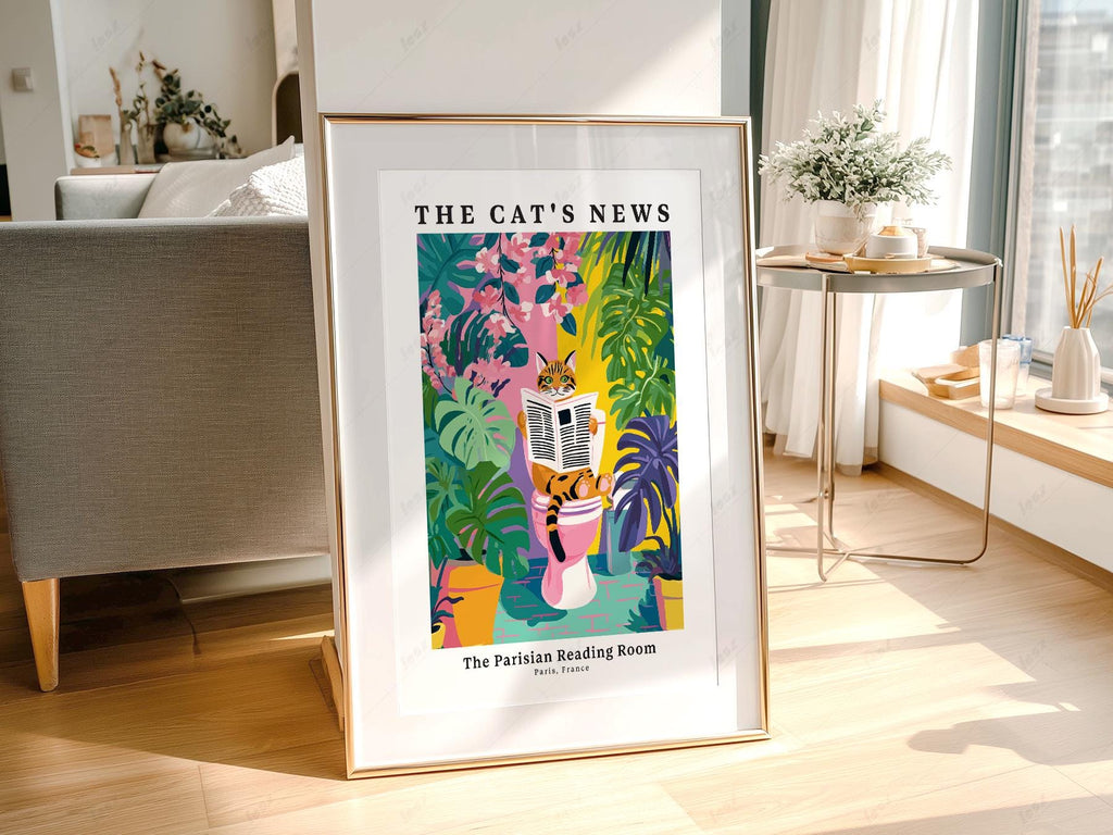 The Cat's News Parisian Reading Room Print – Funny Bathroom Wall Art