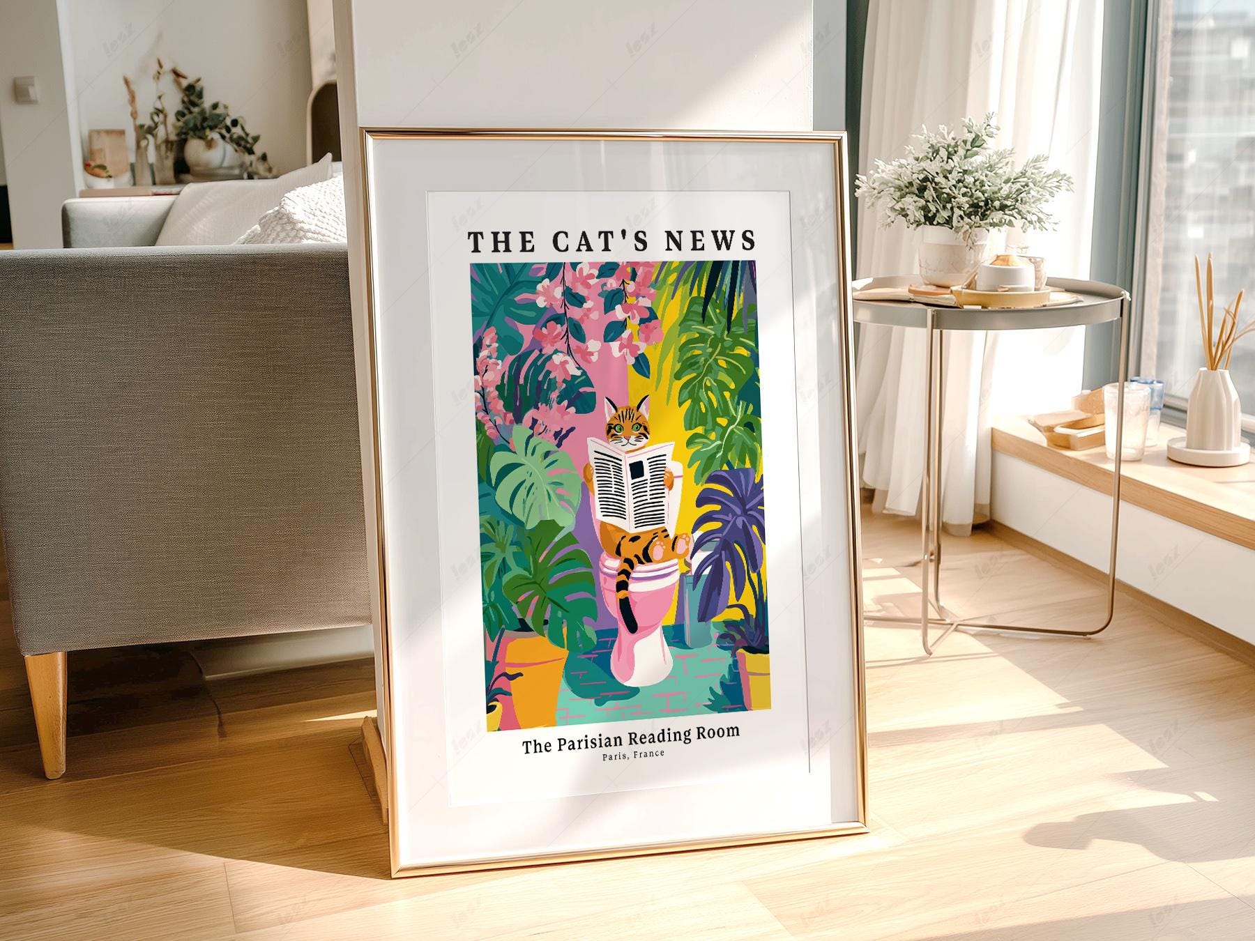 The Cat's News Parisian Reading Room Print – Funny Bathroom Wall Art