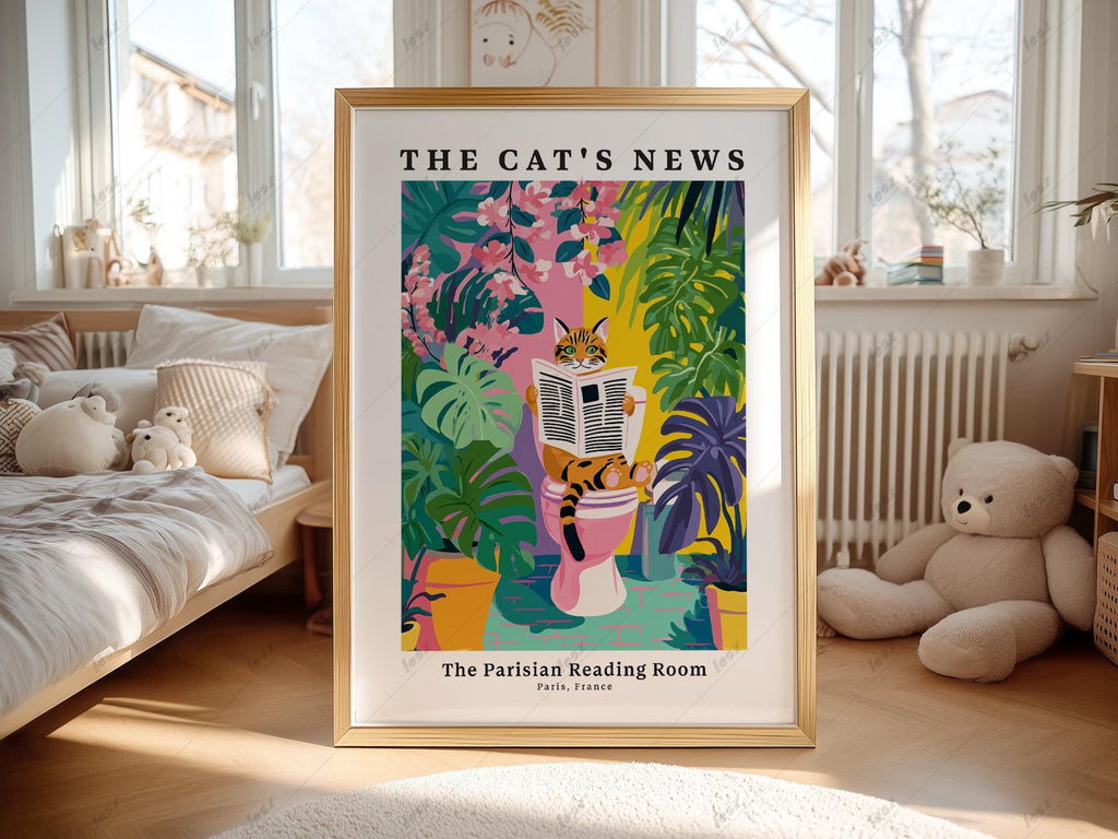 The Cat's News Parisian Reading Room Print – Funny Bathroom Wall Art
