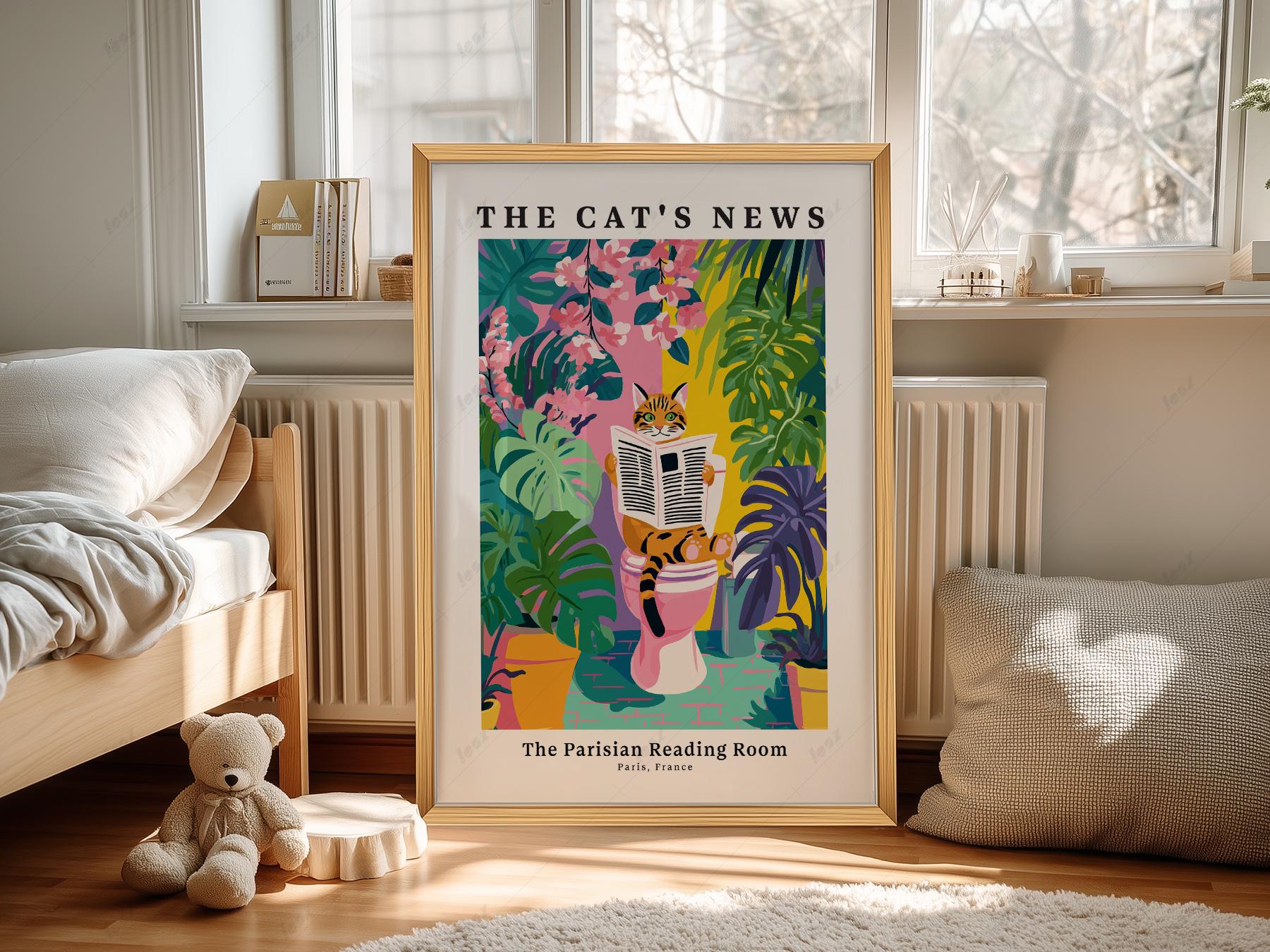 The Cat's News Parisian Reading Room Print – Funny Bathroom Wall Art