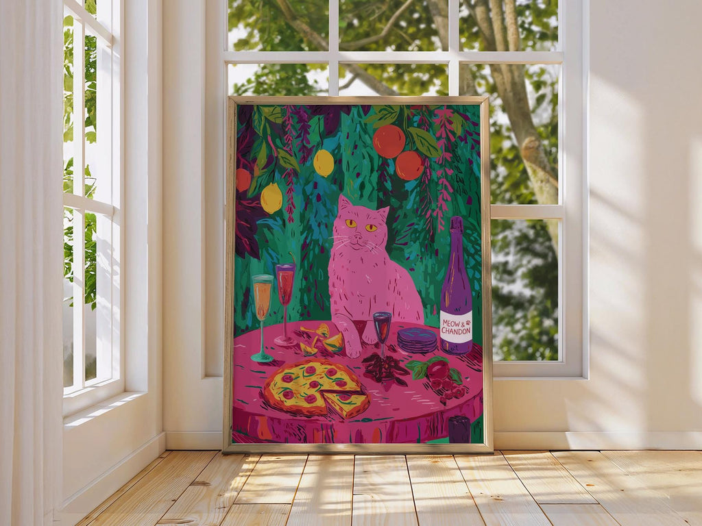 Meow Chandon Cat Print – Maximalist Kitchen Art Funny Cat Poster