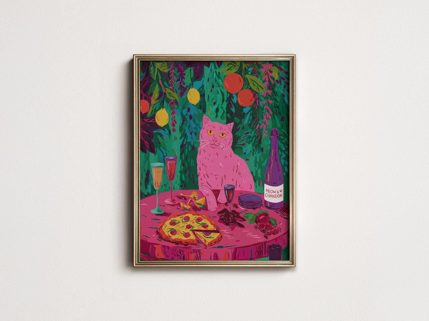 Meow Chandon Cat Print – Maximalist Kitchen Art Funny Cat Poster