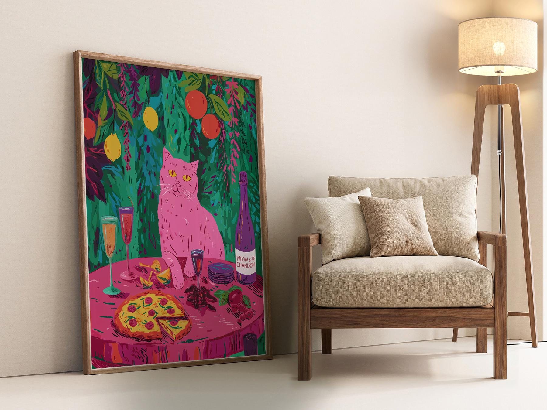 Meow Chandon Cat Print – Maximalist Kitchen Art Funny Cat Poster