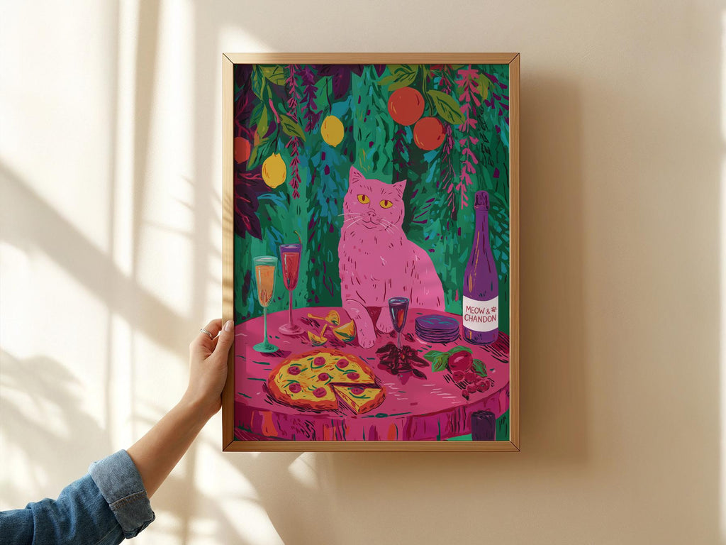 Meow Chandon Cat Print – Maximalist Kitchen Art Funny Cat Poster