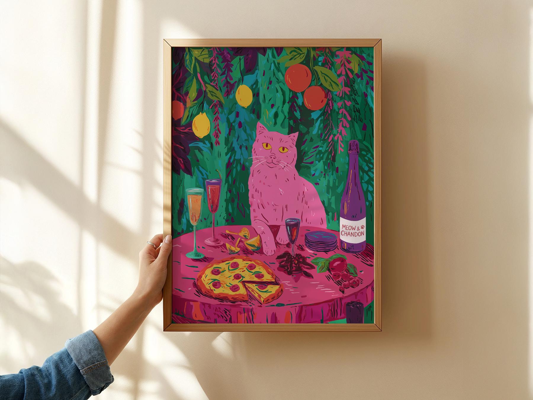 Meow Chandon Cat Print – Maximalist Kitchen Art Funny Cat Poster
