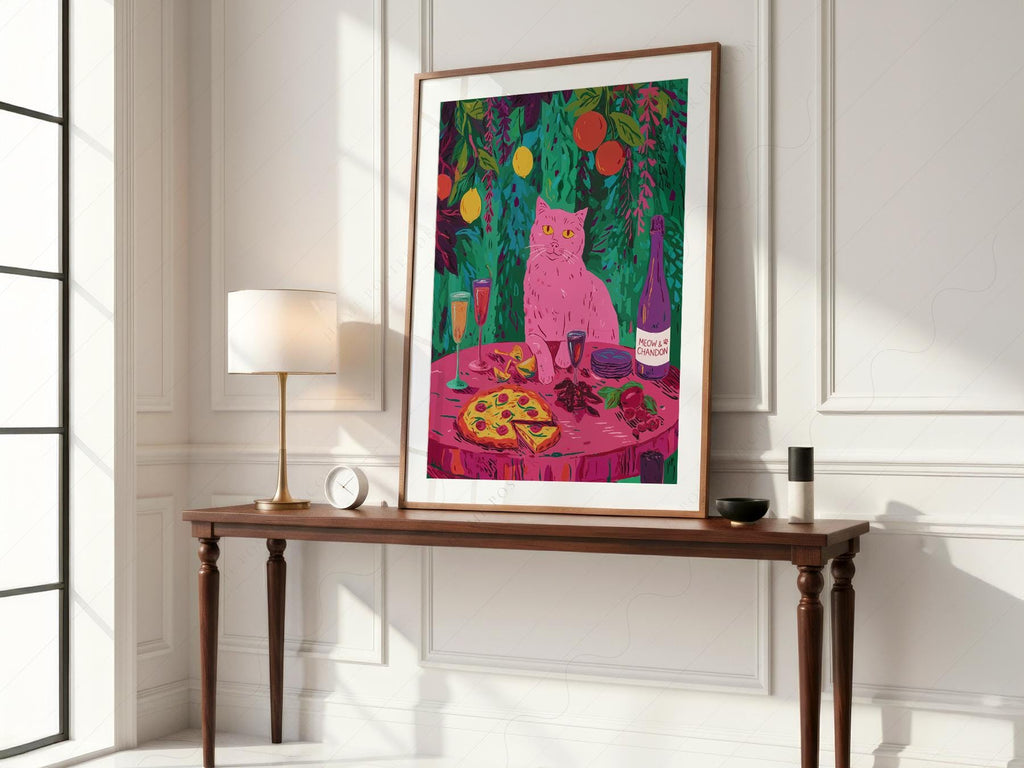 Meow Chandon Cat Print – Maximalist Kitchen Art Funny Cat Poster