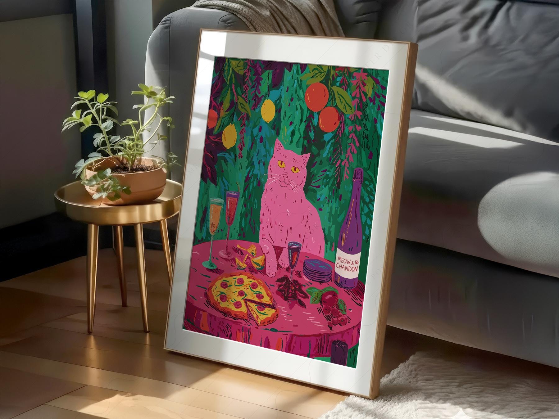 Meow Chandon Cat Print – Maximalist Kitchen Art Funny Cat Poster