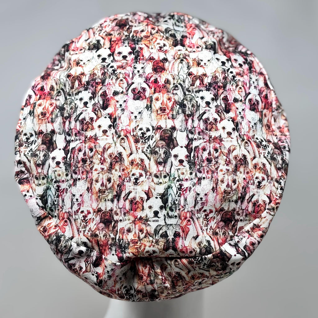 DOG MOSAIC European Style Surgical Scrub Cap or Snood for Women, Regular or Long Pixie, Elastic Gathered, Optional Ties, No Toggle