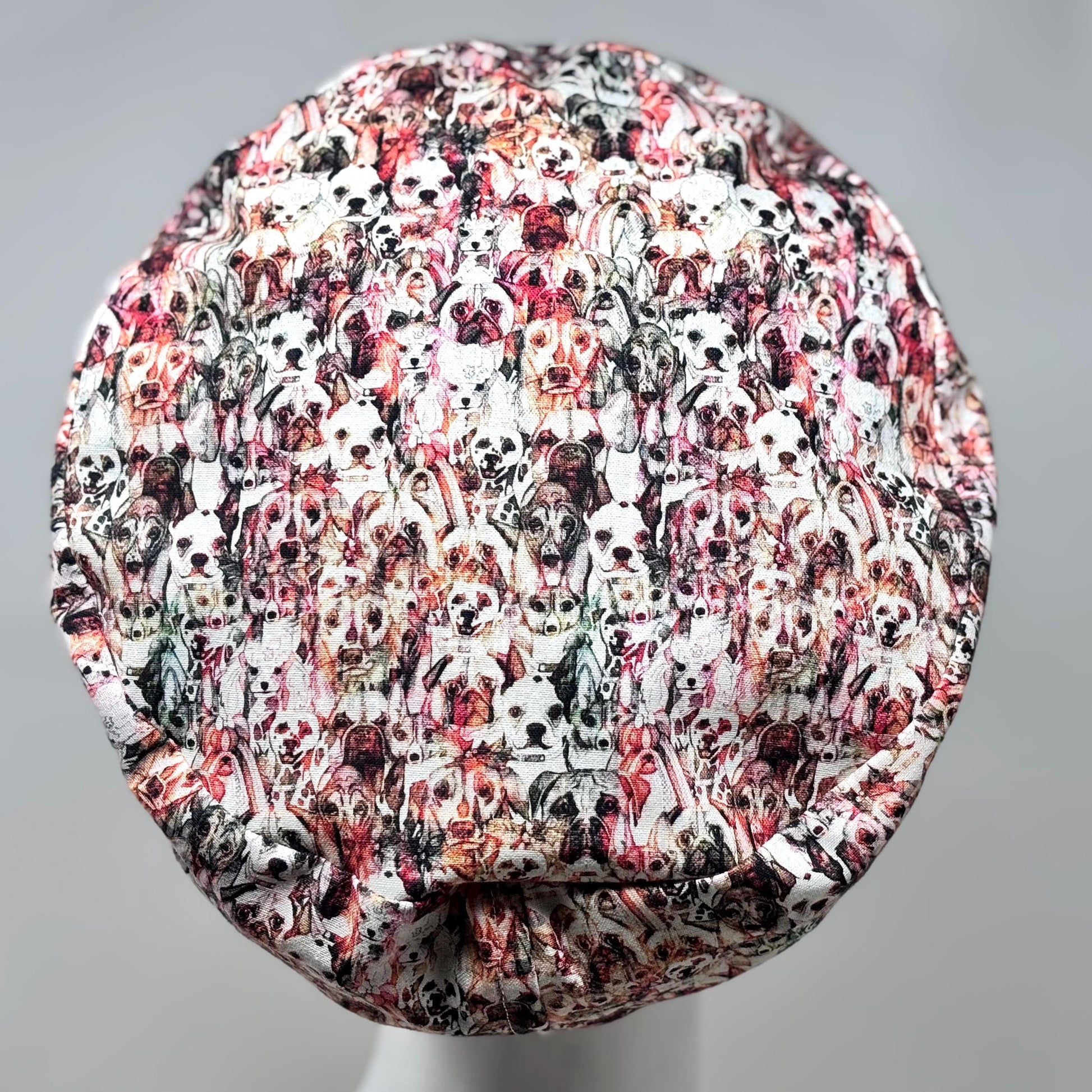 DOG MOSAIC European Style Surgical Scrub Cap or Snood for Women, Regular or Long Pixie, Elastic Gathered, Optional Ties, No Toggle