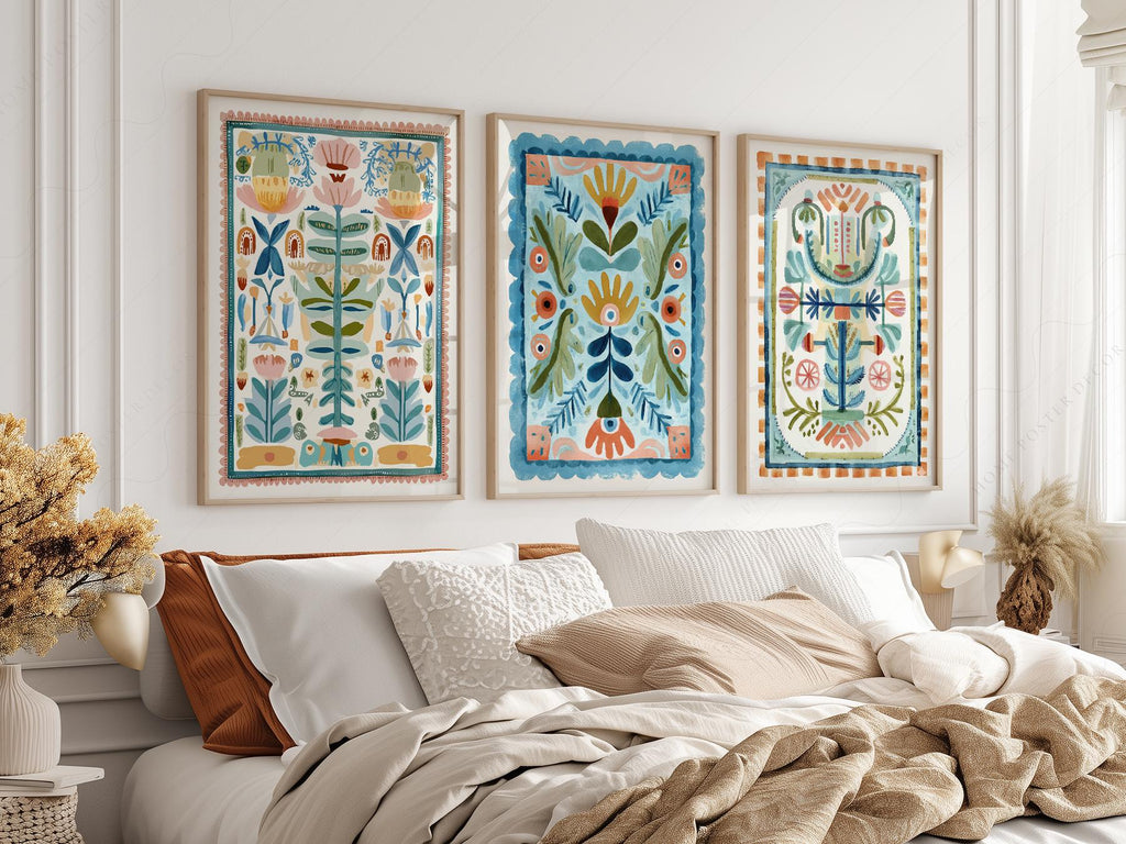 Boho Floral Tapestry Art Print Set of 3 – Maximalist Folk Wall Decor