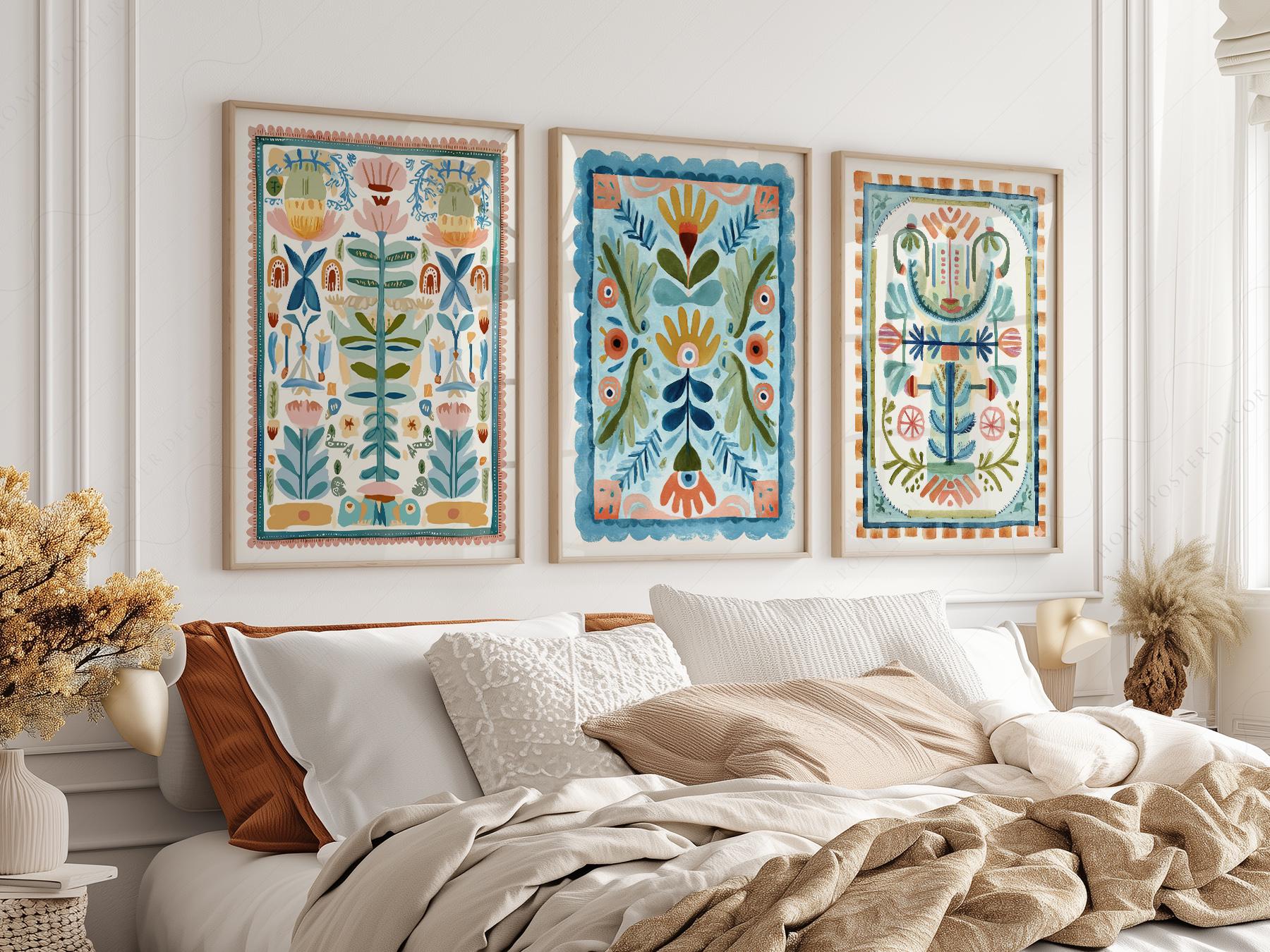 Boho Floral Tapestry Art Print Set of 3 – Maximalist Folk Wall Decor