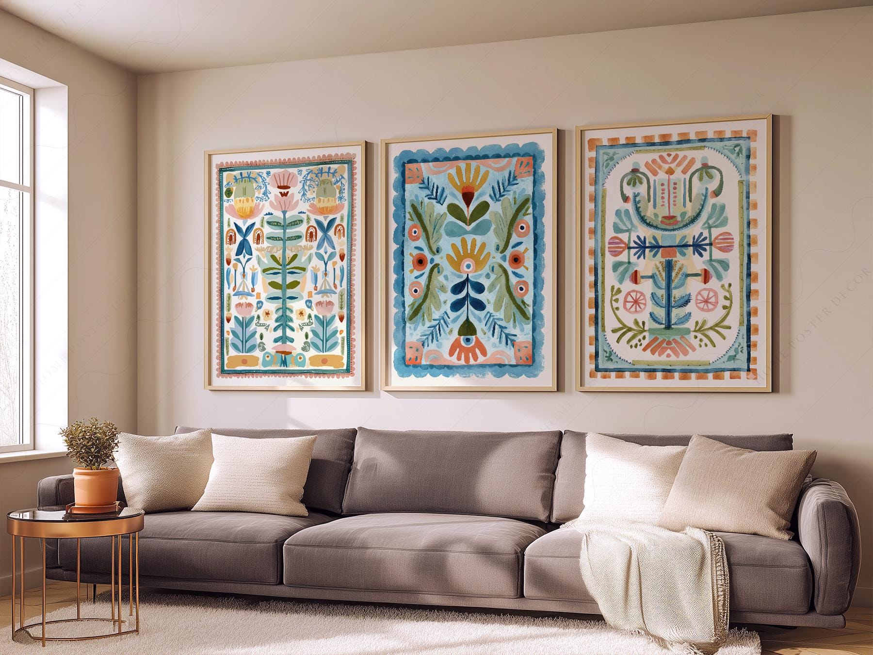 Boho Floral Tapestry Art Print Set of 3 – Maximalist Folk Wall Decor