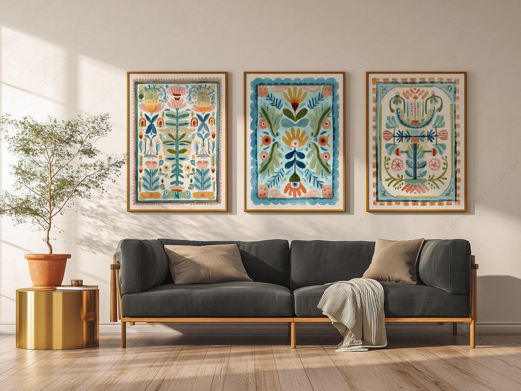 Boho Floral Tapestry Art Print Set of 3 – Maximalist Folk Wall Decor