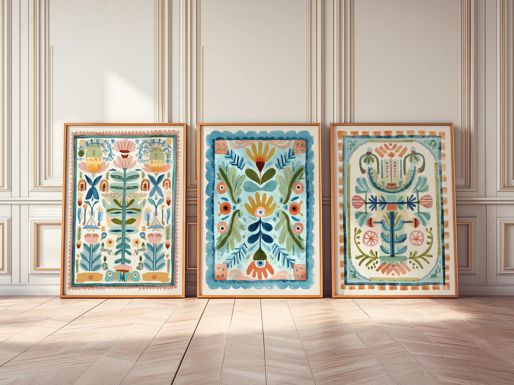 Boho Floral Tapestry Art Print Set of 3 – Maximalist Folk Wall Decor