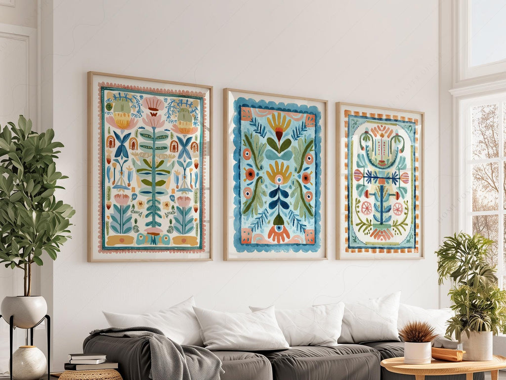 Boho Floral Tapestry Art Print Set of 3 – Maximalist Folk Wall Decor