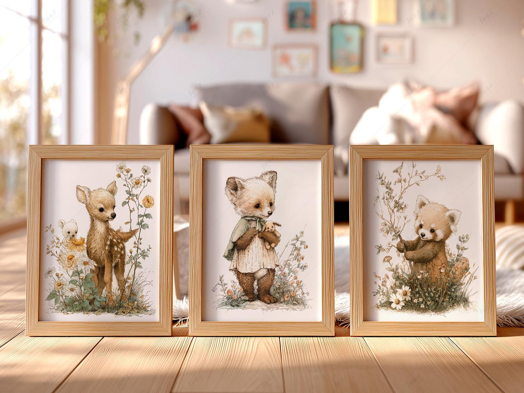Woodland Nursery Art Set of 3 – Deer Fox Red Panda Storybook Prints