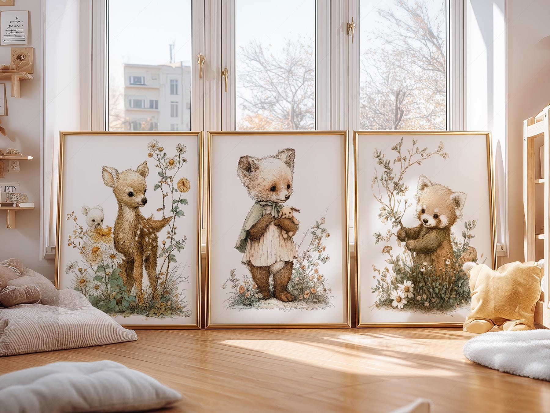 Woodland Nursery Art Set of 3 – Deer Fox Red Panda Storybook Prints