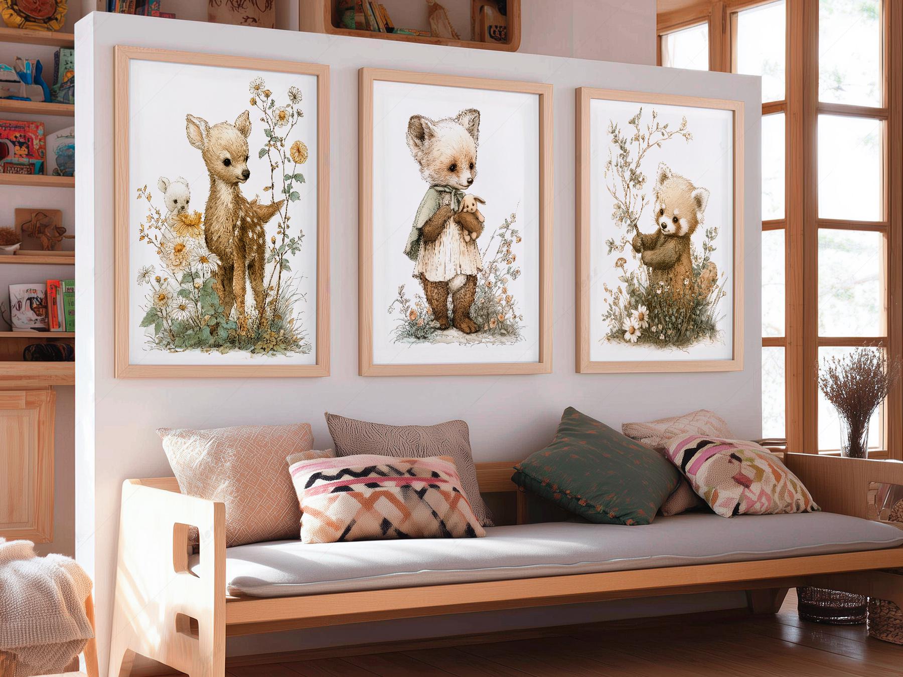 Woodland Nursery Art Set of 3 – Deer Fox Red Panda Storybook Prints