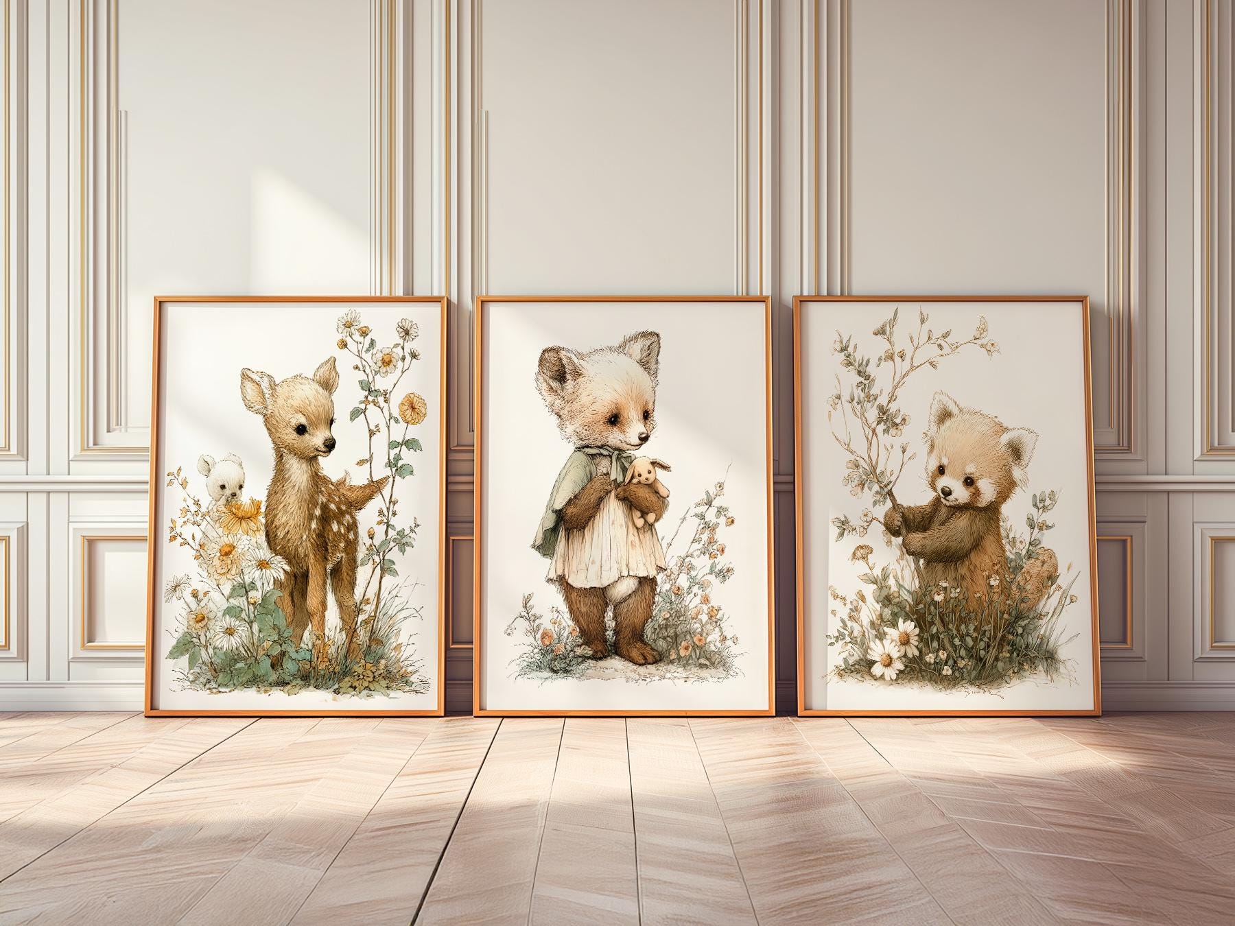 Woodland Nursery Art Set of 3 – Deer Fox Red Panda Storybook Prints
