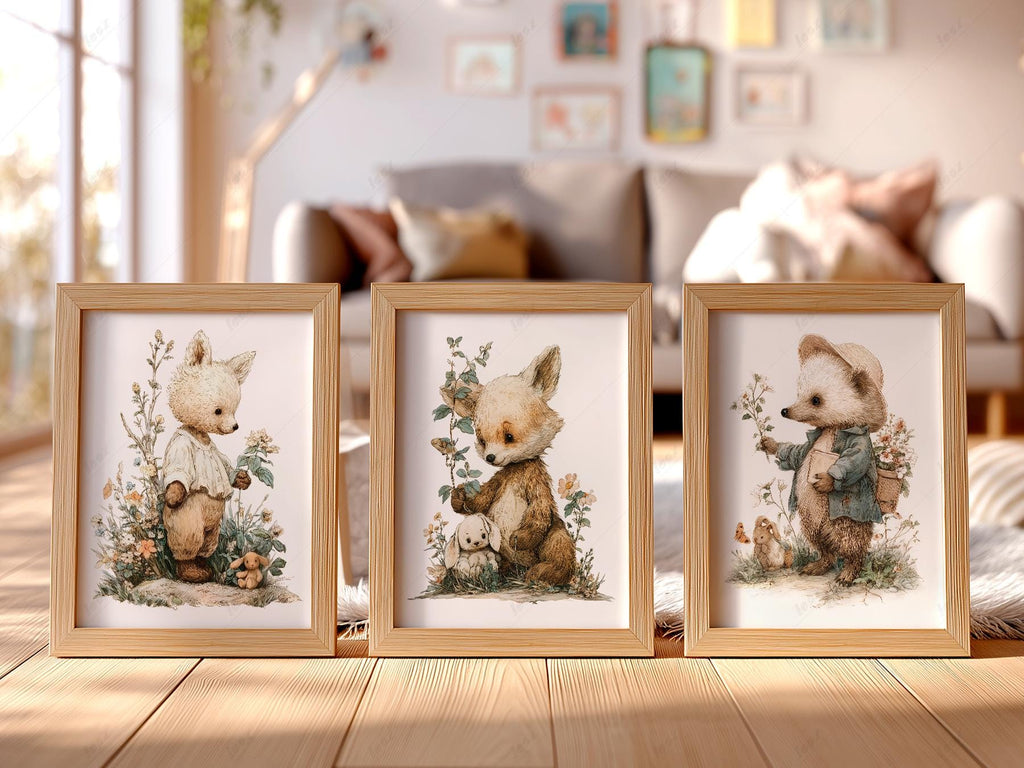 Woodland Nursery Art Set – Whimsical Forest Animals Storybook Prints