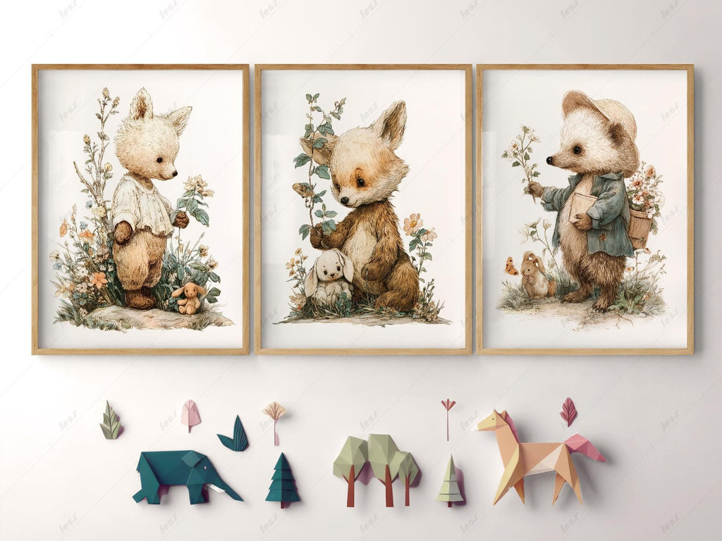 Woodland Nursery Art Set – Whimsical Forest Animals Storybook Prints