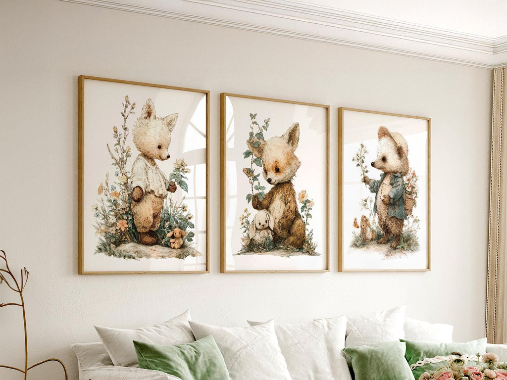 Woodland Nursery Art Set – Whimsical Forest Animals Storybook Prints