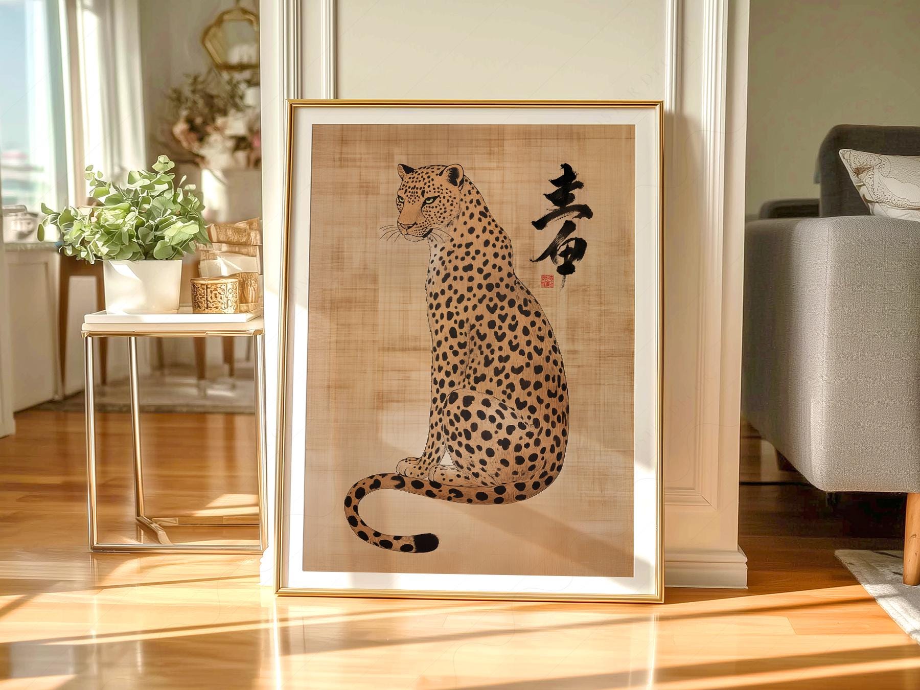 Japanese Leopard Sumi-e Art Print – Asian Ink Painting Zen Wall Decor