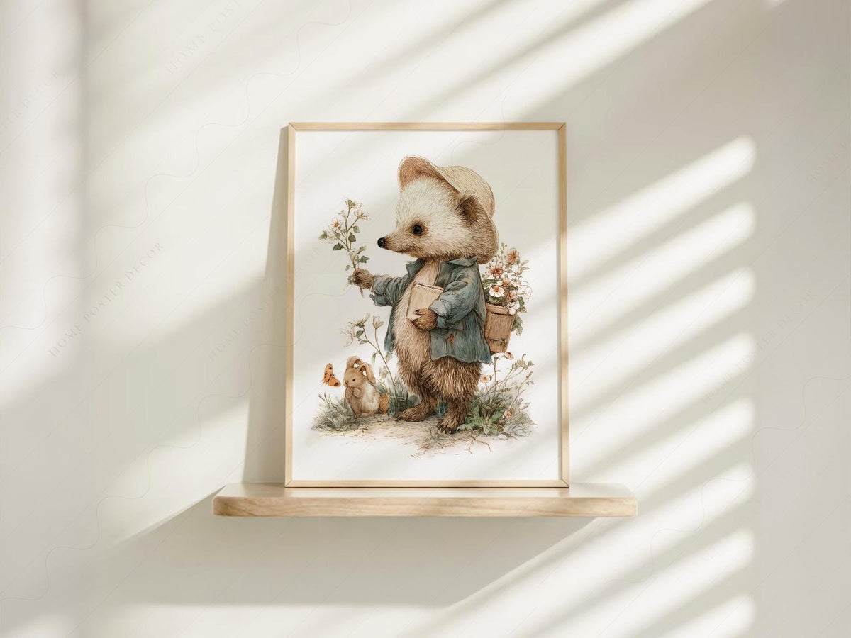 Whimsical Hedgehog Garden Print – Vintage Nursery Wall Art Poster