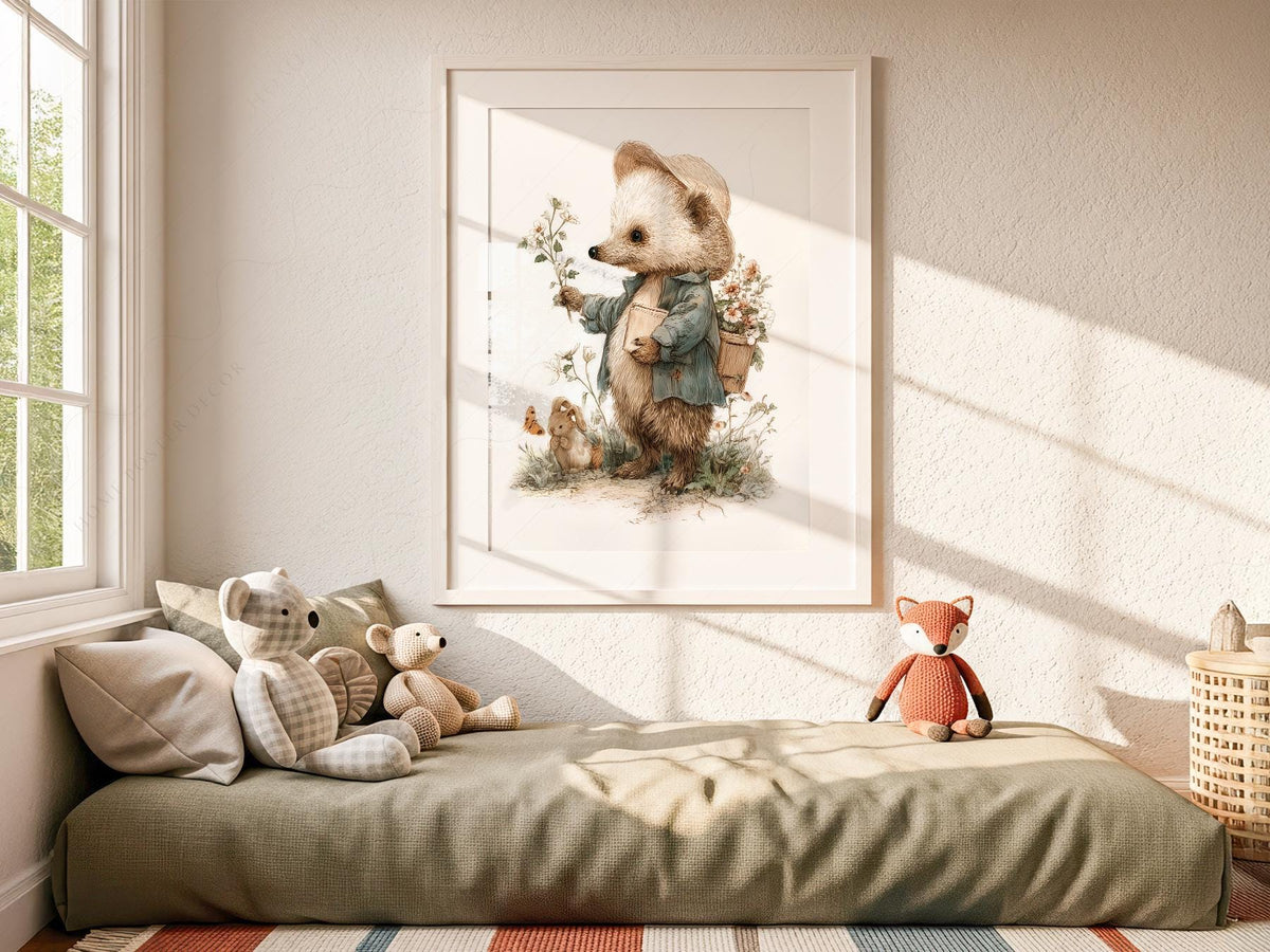 Whimsical Hedgehog Garden Print – Vintage Nursery Wall Art Poster