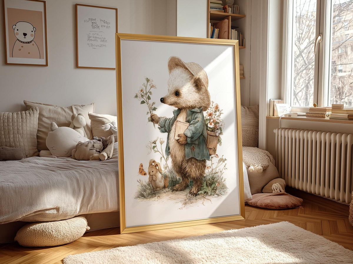 Whimsical Hedgehog Garden Print – Vintage Nursery Wall Art Poster