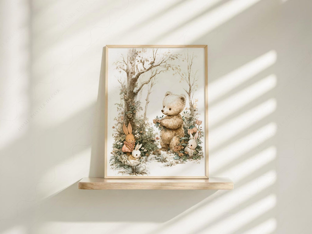 Woodland Bear and Bunnies Nursery Art Print – Neutral Baby Room Decor