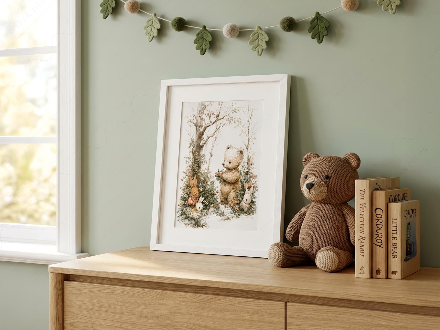 Woodland Bear and Bunnies Nursery Art Print – Neutral Baby Room Decor