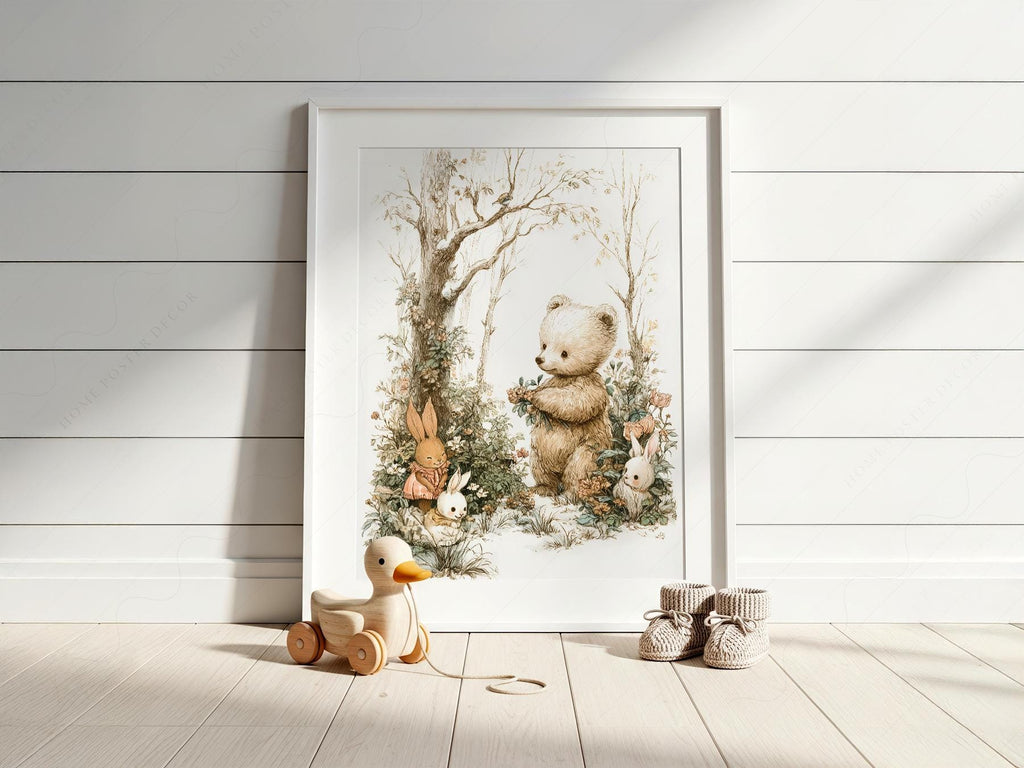 Woodland Bear and Bunnies Nursery Art Print – Neutral Baby Room Decor