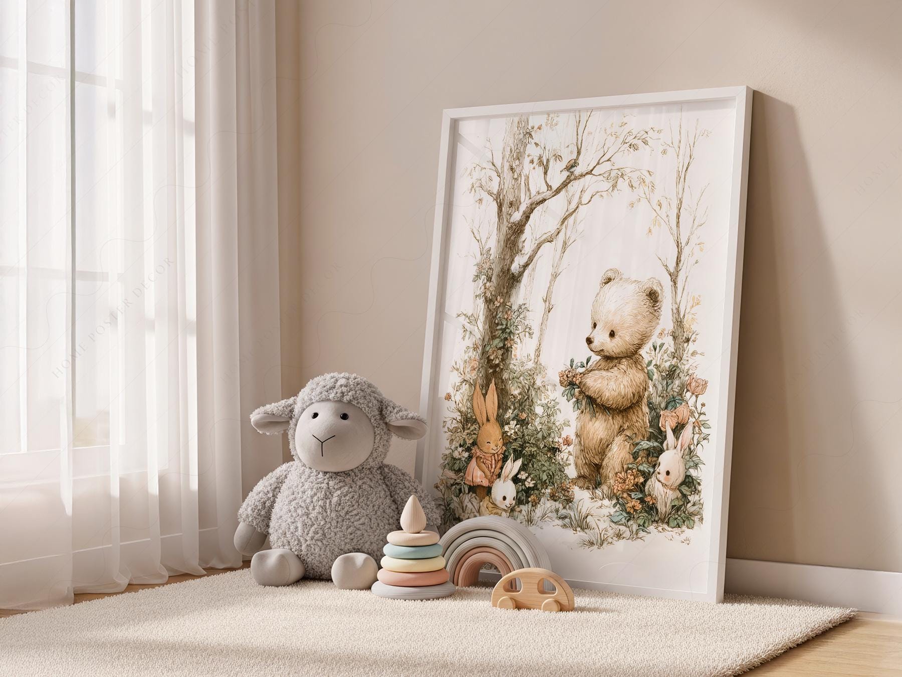 Woodland Bear and Bunnies Nursery Art Print – Neutral Baby Room Decor