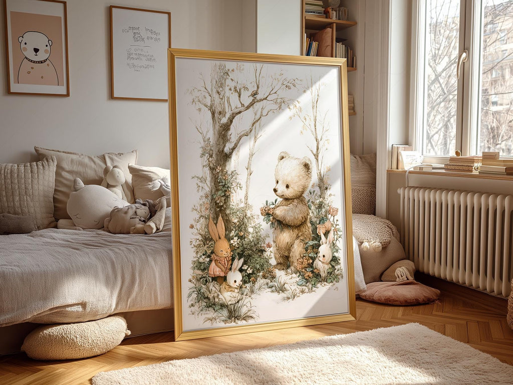 Woodland Bear and Bunnies Nursery Art Print – Neutral Baby Room Decor