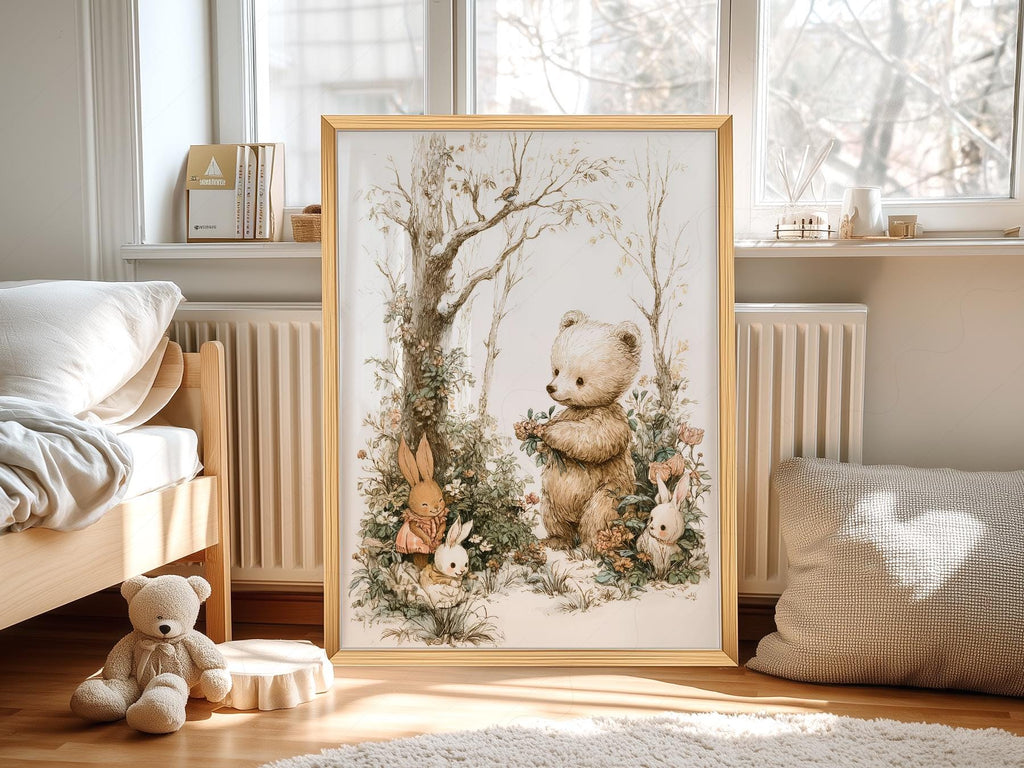 Woodland Bear and Bunnies Nursery Art Print – Neutral Baby Room Decor
