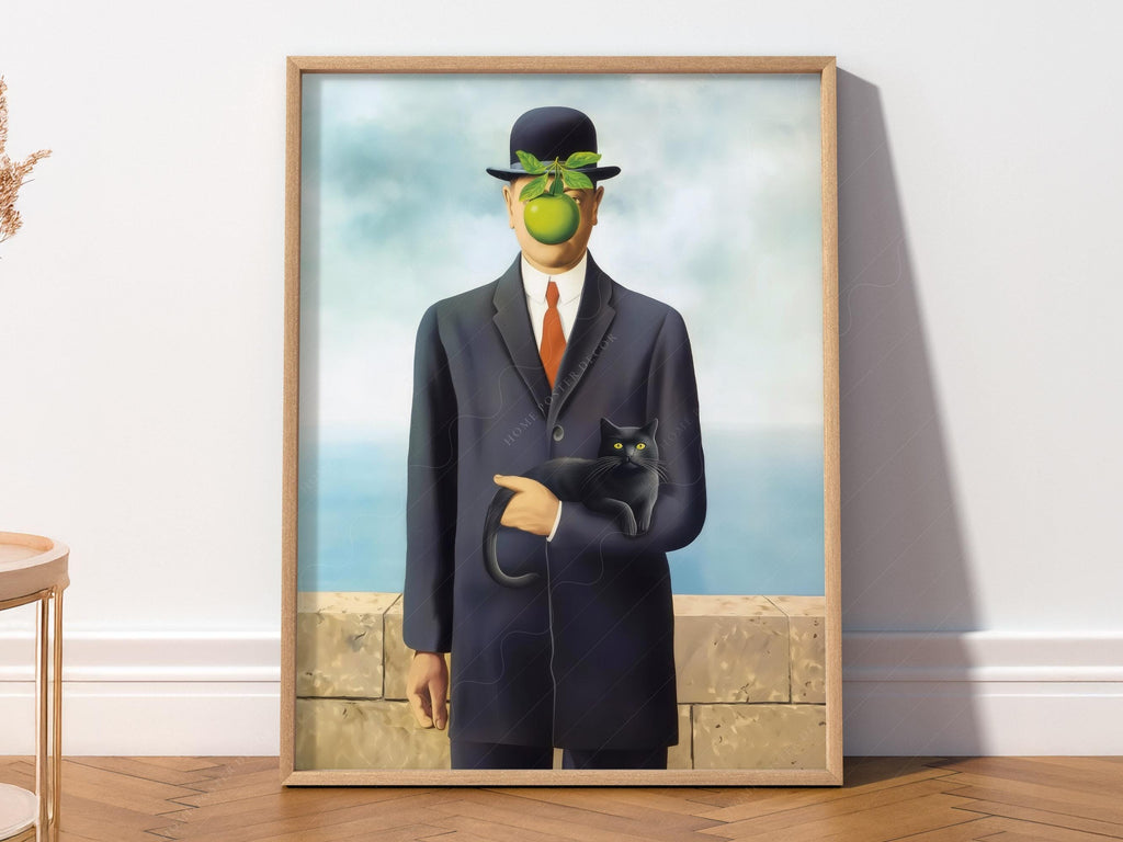 Magritte Son of Man Cat Print – Funny Surrealist Art Poster Wall Decor