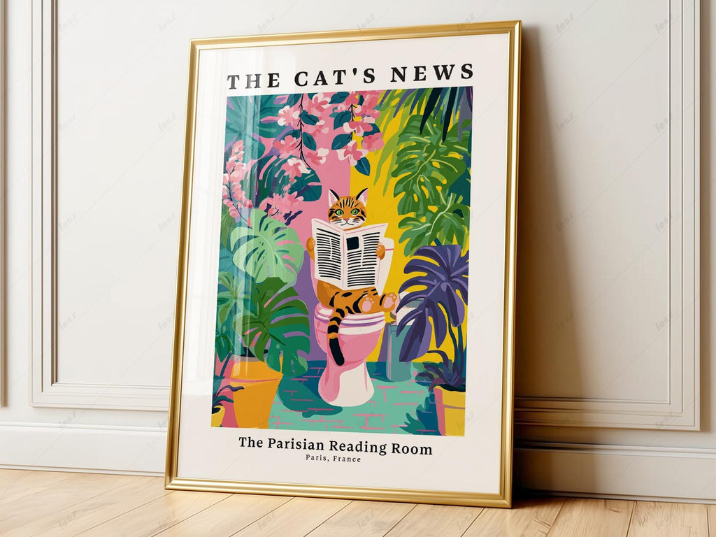 The Cat's News Parisian Reading Room Print – Funny Bathroom Wall Art