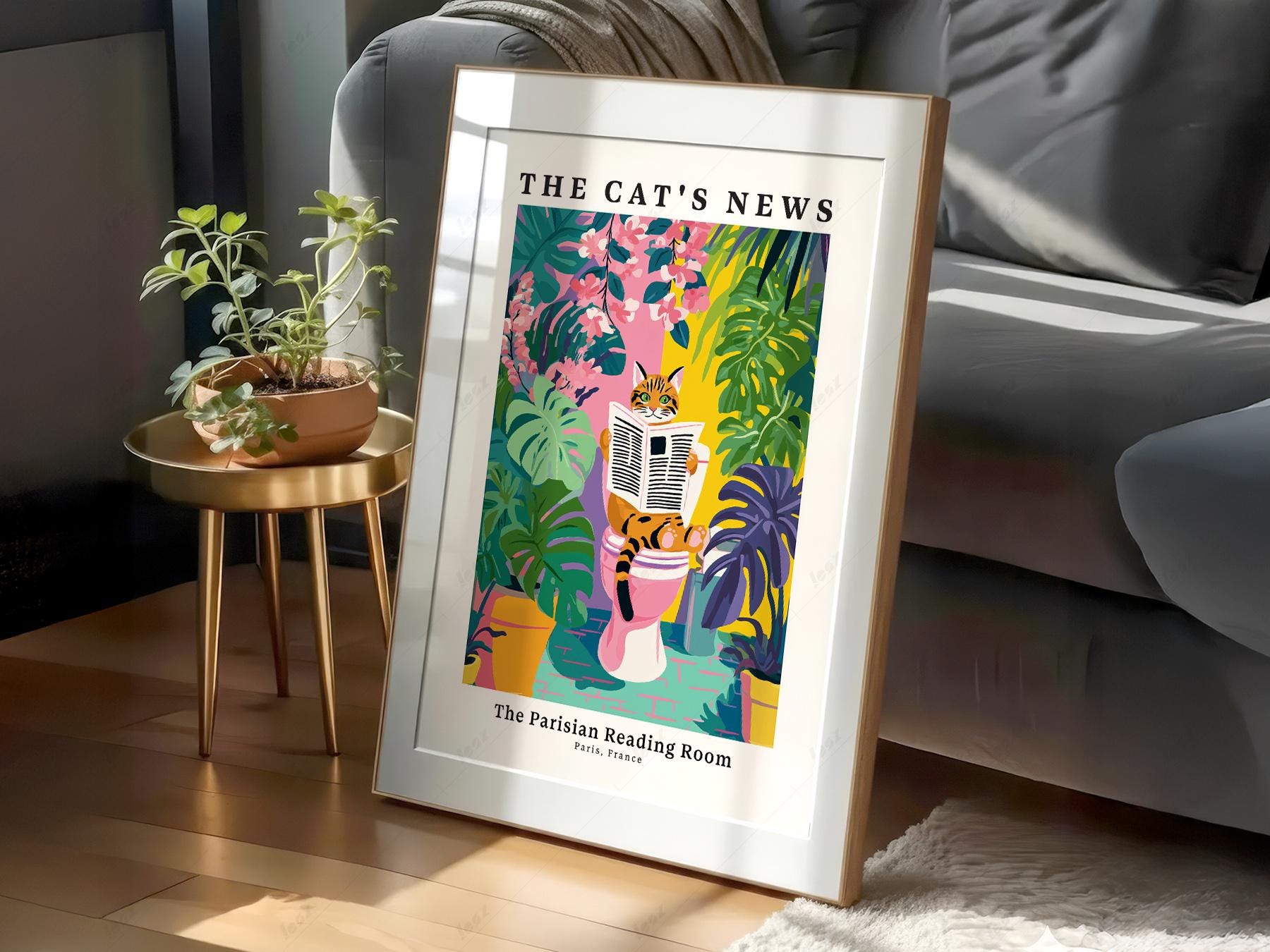 The Cat's News Parisian Reading Room Print – Funny Bathroom Wall Art