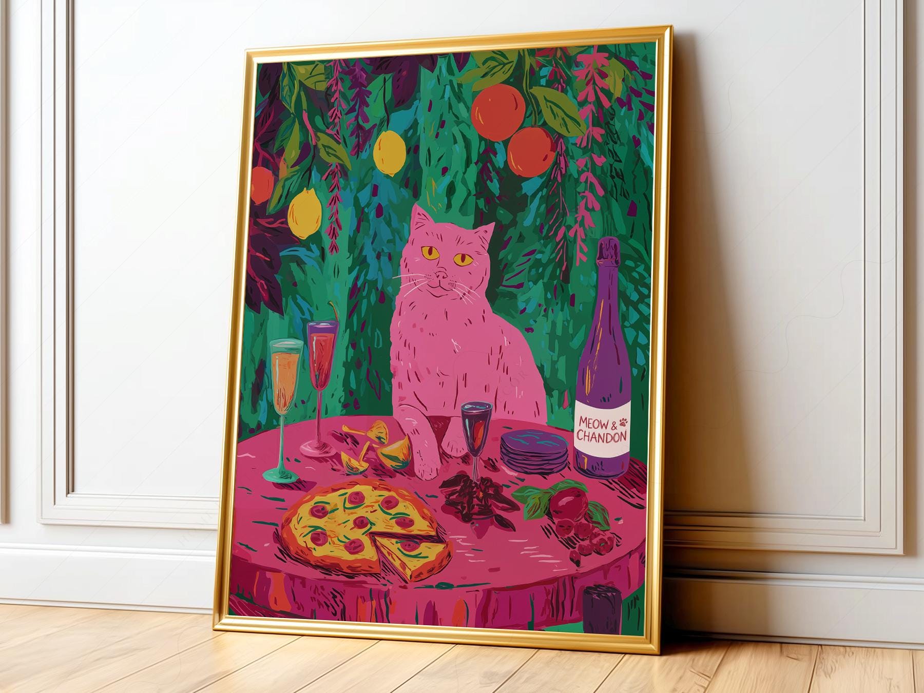 Meow Chandon Cat Print – Maximalist Kitchen Art Funny Cat Poster