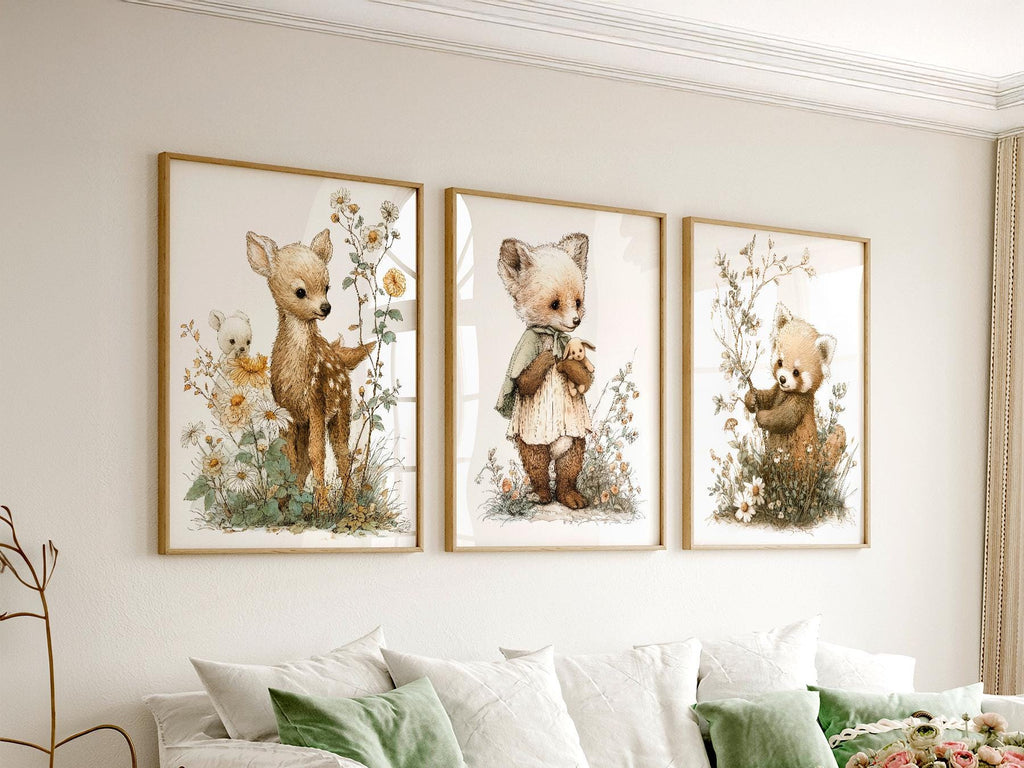 Woodland Nursery Art Set of 3 – Deer Fox Red Panda Storybook Prints