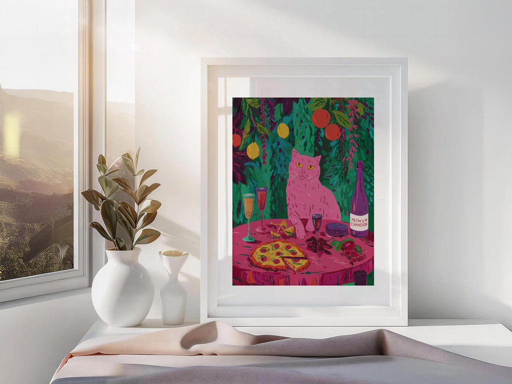 Meow Chandon Cat Print – Maximalist Kitchen Art Funny Cat Poster