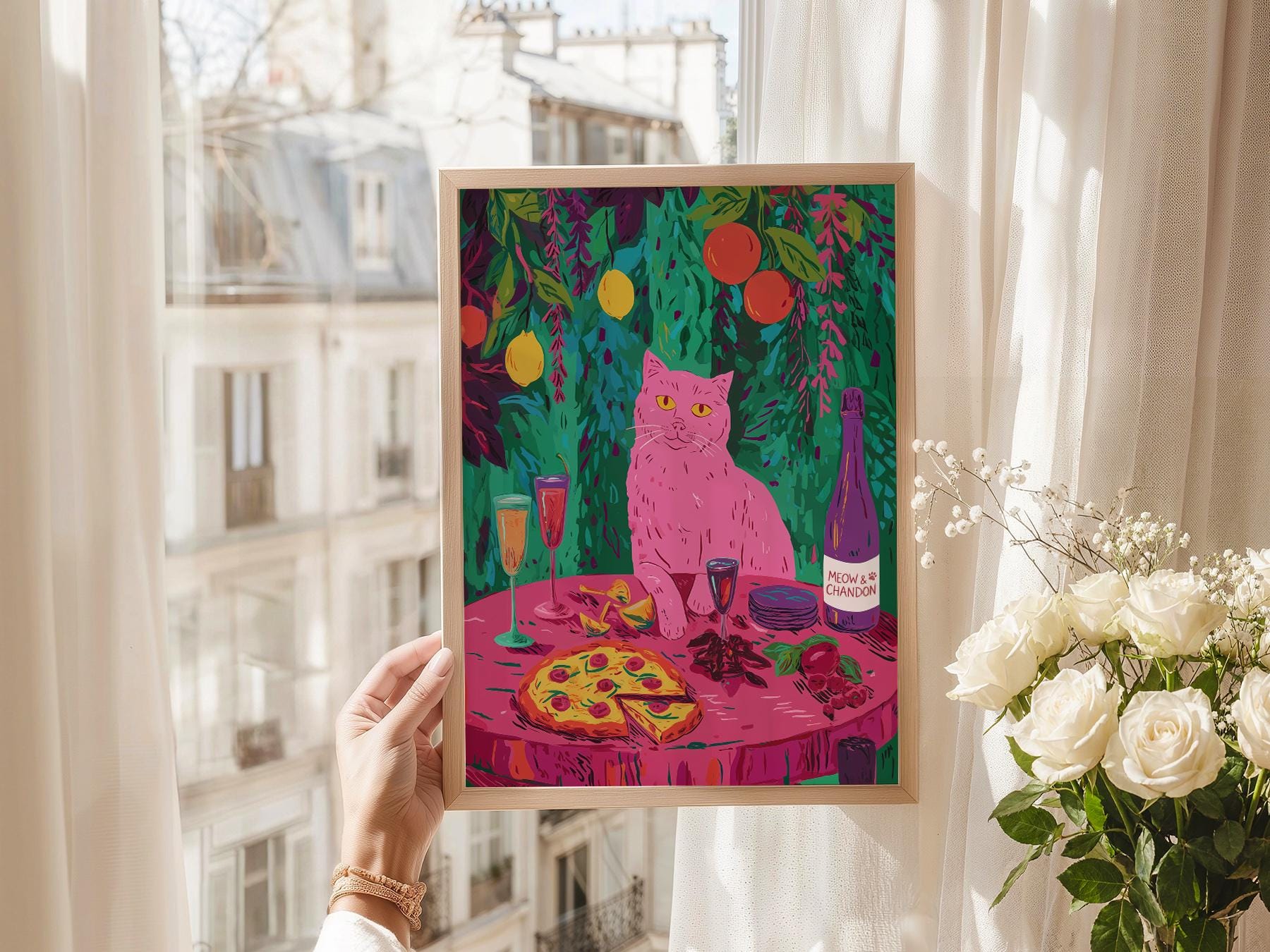 Meow Chandon Cat Print – Maximalist Kitchen Art Funny Cat Poster