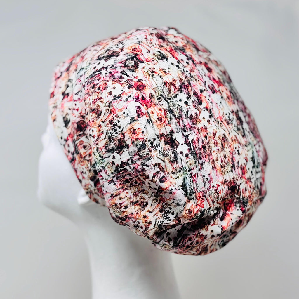 DOG MOSAIC European Style Surgical Scrub Cap or Snood for Women, Regular or Long Pixie, Elastic Gathered, Optional Ties, No Toggle