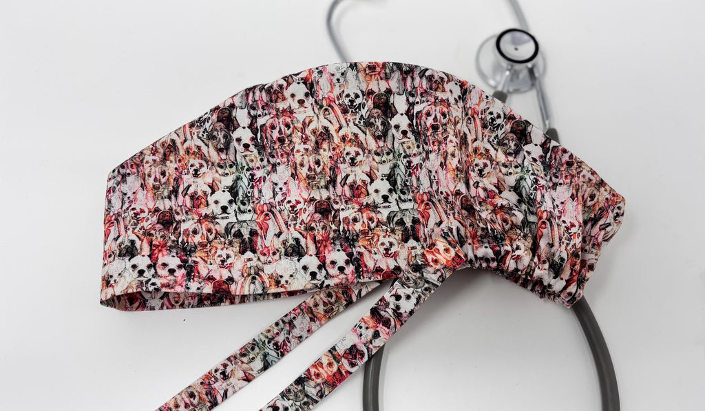 DOG MOSAIC European Style Surgical Scrub Cap or Snood for Women, Regular or Long Pixie, Elastic Gathered, Optional Ties, No Toggle