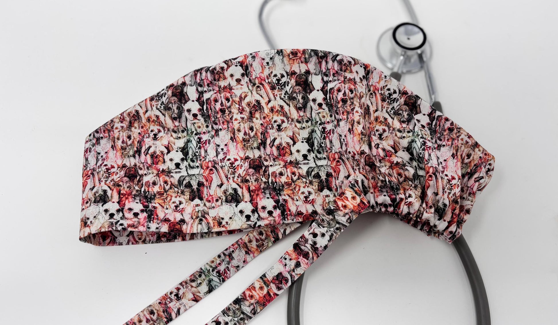 DOG MOSAIC European Style Surgical Scrub Cap or Snood for Women, Regular or Long Pixie, Elastic Gathered, Optional Ties, No Toggle