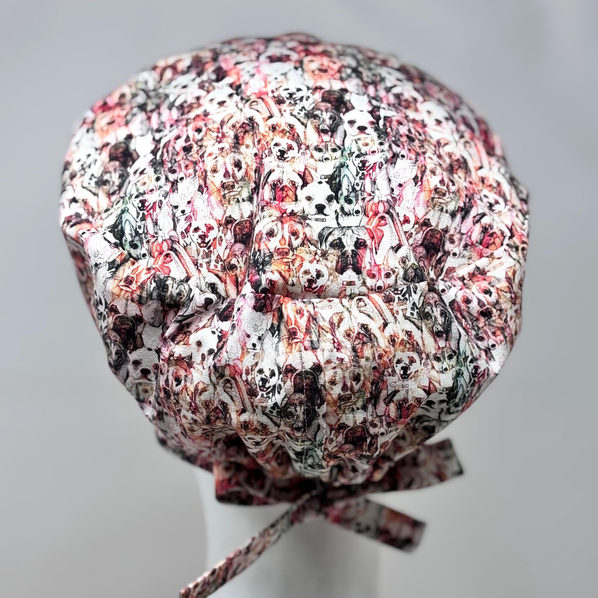 DOG MOSAIC European Style Surgical Scrub Cap or Snood for Women, Regular or Long Pixie, Elastic Gathered, Optional Ties, No Toggle