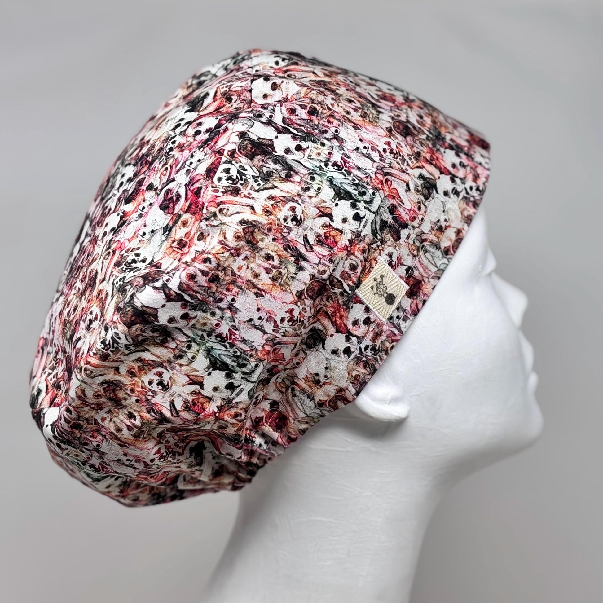 DOG MOSAIC European Style Surgical Scrub Cap or Snood for Women, Regular or Long Pixie, Elastic Gathered, Optional Ties, No Toggle